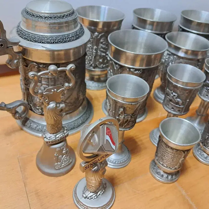 [BUNJANG] Antique Pewter Tea Set with Cups and Glasses / 엔틱,주석주전자1,주석잔등 일괄