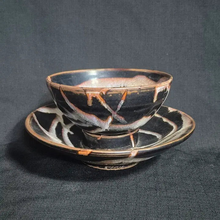 [BUNJANG] Black Glaze Jian Ware Tea Bowl with Stand / 흑유 건요 천목 다완 잔 잔대 차잔