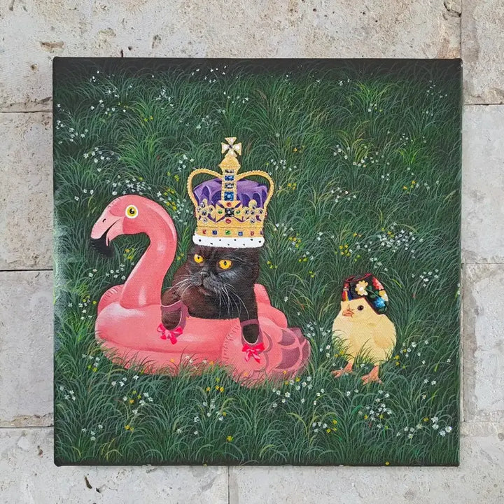 [BUNJANG] Cat and Chick with Crown Illustration Framed Art / 고양이와 병아리 왕관 일러스트 액자