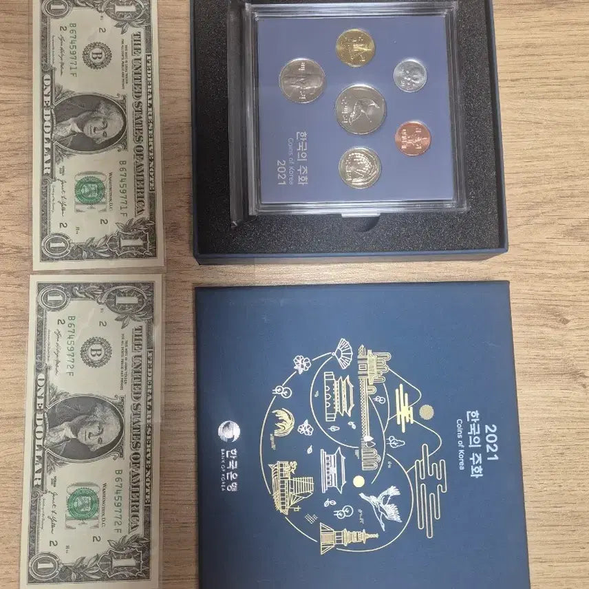 [BUNJANG] 2021 Korean Coin Set &amp; Consecutive Uncirculated $1 Bills / 2021 한국의 주화 세트 및 1달러 2연번(미사용)