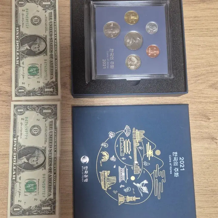 [BUNJANG] 2021 Korean Coin Set &amp; Consecutive Uncirculated $1 Bills / 2021 한국의 주화 세트 및 1달러 2연번(미사용)