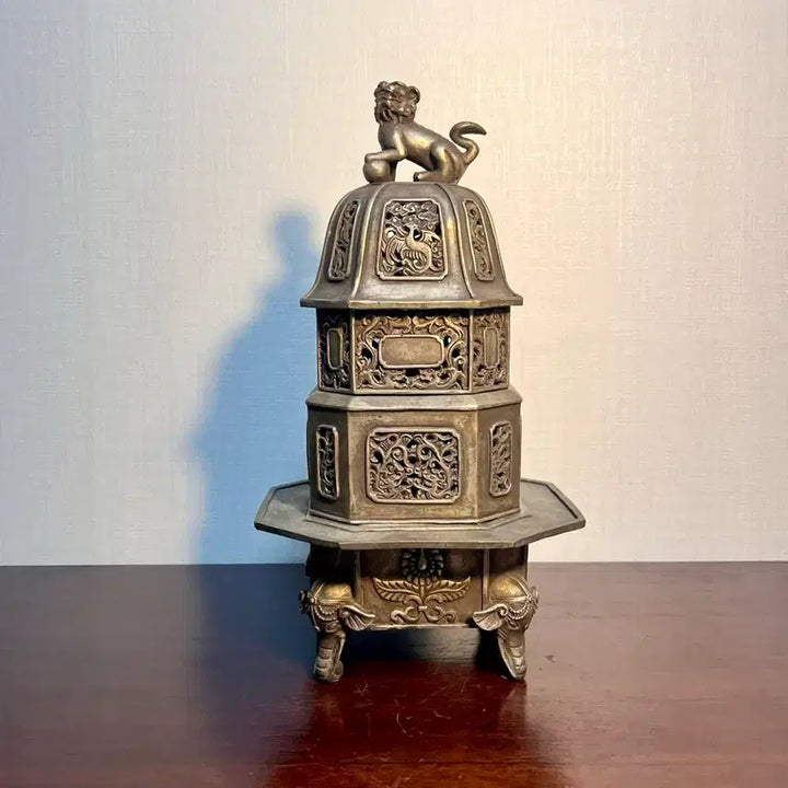 [BUNJANG] Chinese White Copper Eight-Trigram Haitai Phoenix Incense Burner / 중국 백동 팔각 해태봉황 투각 오단향로