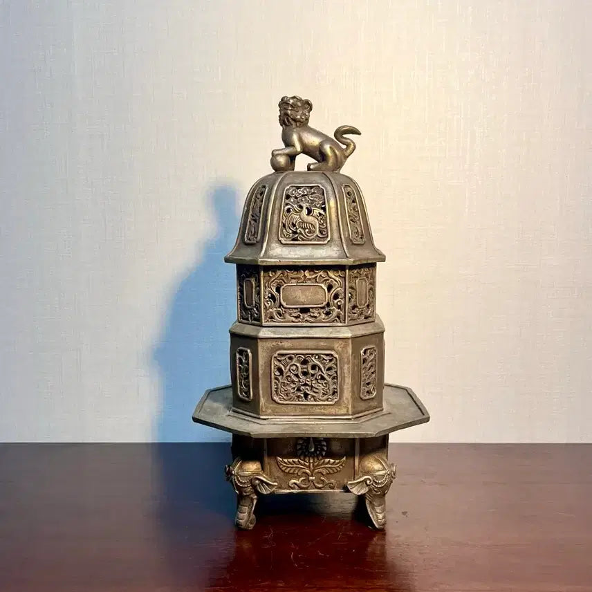 [BUNJANG] Chinese White Copper Eight-Trigram Haitai Phoenix Incense Burner / 중국 백동 팔각 해태봉황 투각 오단향로