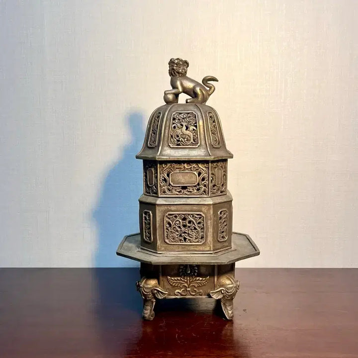 [BUNJANG] Chinese White Copper Eight-Trigram Haitai Phoenix Incense Burner / 중국 백동 팔각 해태봉황 투각 오단향로