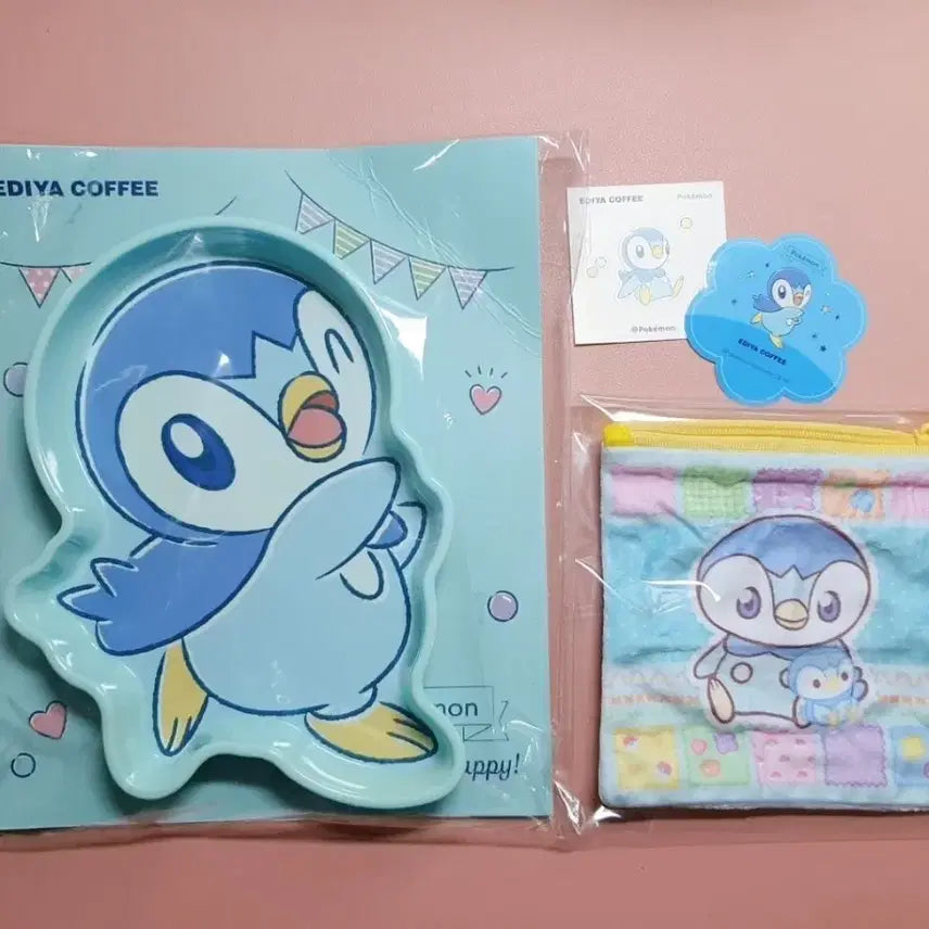[BUNJANG] Ediya Pokemon Piplup Snack Plate + Pouch + Sticker Set / 이디야 포켓몬 팽도리 스낵접시+파우치+띠부씰 세트