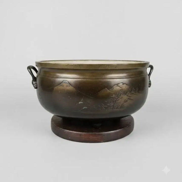 [BUNJANG] Antique Korean Bronze Celadon Silver Inlaid Landscape Teapot 100+ Years Old / 골동품 100년 이상 동제 은상감 산수문 다도 대화로