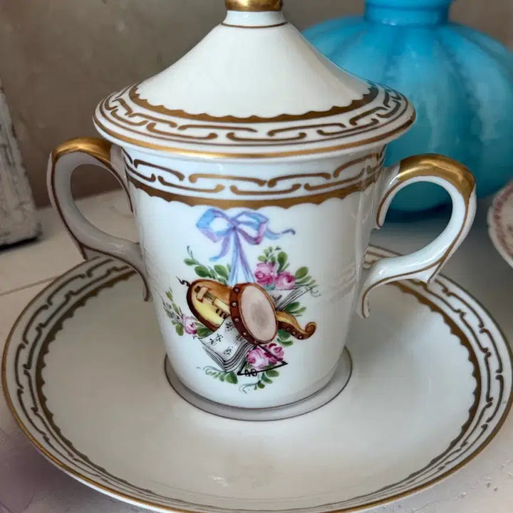 [BUNJANG] French Limoges Ribbon Hand-Painted Chocolate Cup Set / 프랑스 리모쥬 리본 핸드페인팅 초콜렛컵 셋트