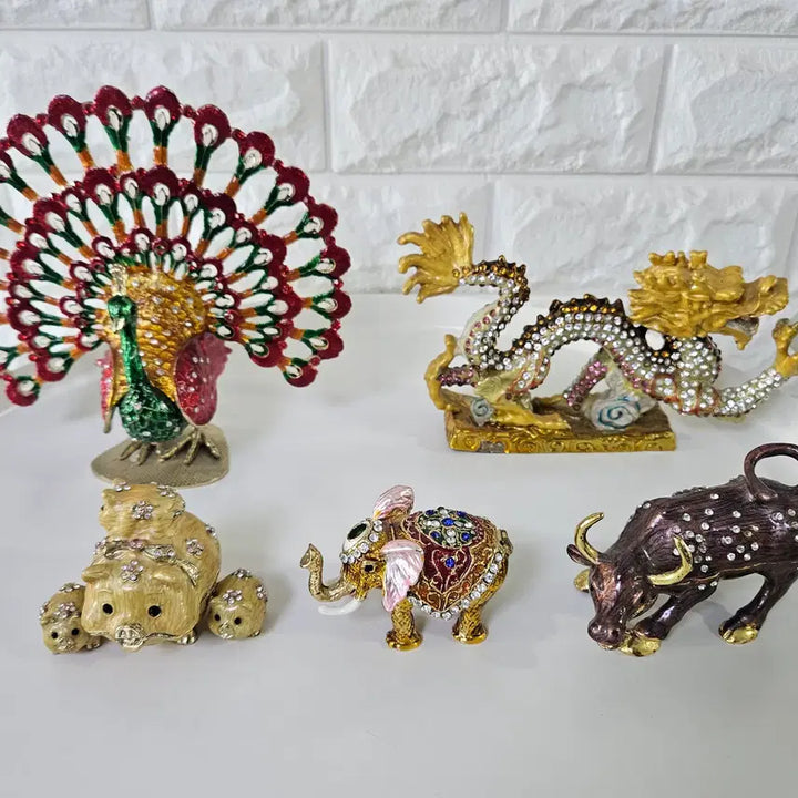 [BUNJANG] Peacock Jewel Box &amp; Dragon Ornament Bundle / 금룡, 공작, 황소, 금돼지, 코끼리  장식품 보석함  골동품 인테리어 소품 일괄판매