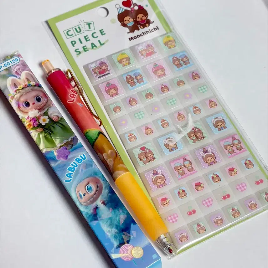 [BUNJANG] Monchhichi Tile Sticker &amp; Rabubu Random Ballpoint Pen Set / 몬치치 타일스티커 + 라부부 랜덤 볼펜
