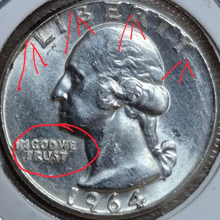 [BUNJANG] 1964 Washington Quarter Dollar Silver Coin (90%) - Uncirculated, Double Die, Off-Center Error / 1964년 워싱턴 쿼터 달러 은화90%(완전미사용) 더블다이 오프센터 에러