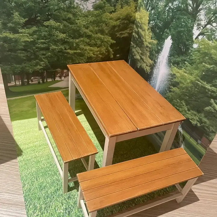 [BUNJANG] Wooden Bench and Table Set with Backdrop for Doll Room Boxes / 룸박스 벤치 및 테이블 나무 가구세트, 배경지