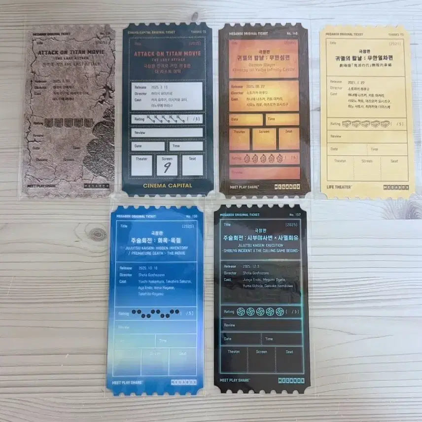 [BUNJANG] Attack on Titan, Demon Slayer, Jujutsu Kaisen Original Ticket Bundle Set / 6개 일괄) 진격의 거인 귀멸의 칼날 주술회전 오리지널티켓 오티 극장판 메가박스 메박