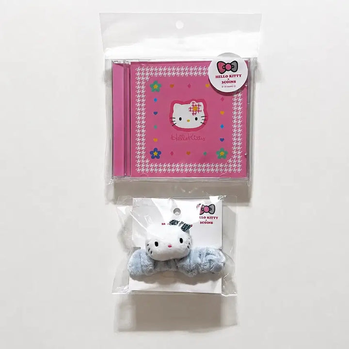 [BUNJANG] Sanrio Hello Kitty 3COINS CD Case with Sticker Set &amp; Mascot Hair Tie Set / 일본 헬로키티 콜라보 3COINS CD 케이스 (스티커 세트 내장) + 키티 마스코트 머리끈 세트