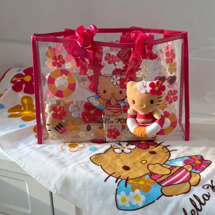 [BUNJANG] Limited Edition Tanning Kitty Mascot Keyring &amp; Clear Beach Bag 5-Piece Set / [한정판] 아타리쿠지 태닝키티 마스코트 키링 투명비치백 5종 세트
