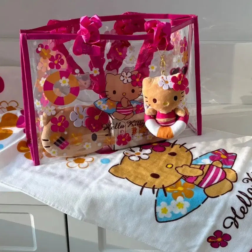 [BUNJANG] Limited Edition Tanning Kitty Mascot Keyring &amp; Clear Beach Bag 5-Piece Set / [한정판] 아타리쿠지 태닝키티 마스코트 키링 투명비치백 5종 세트