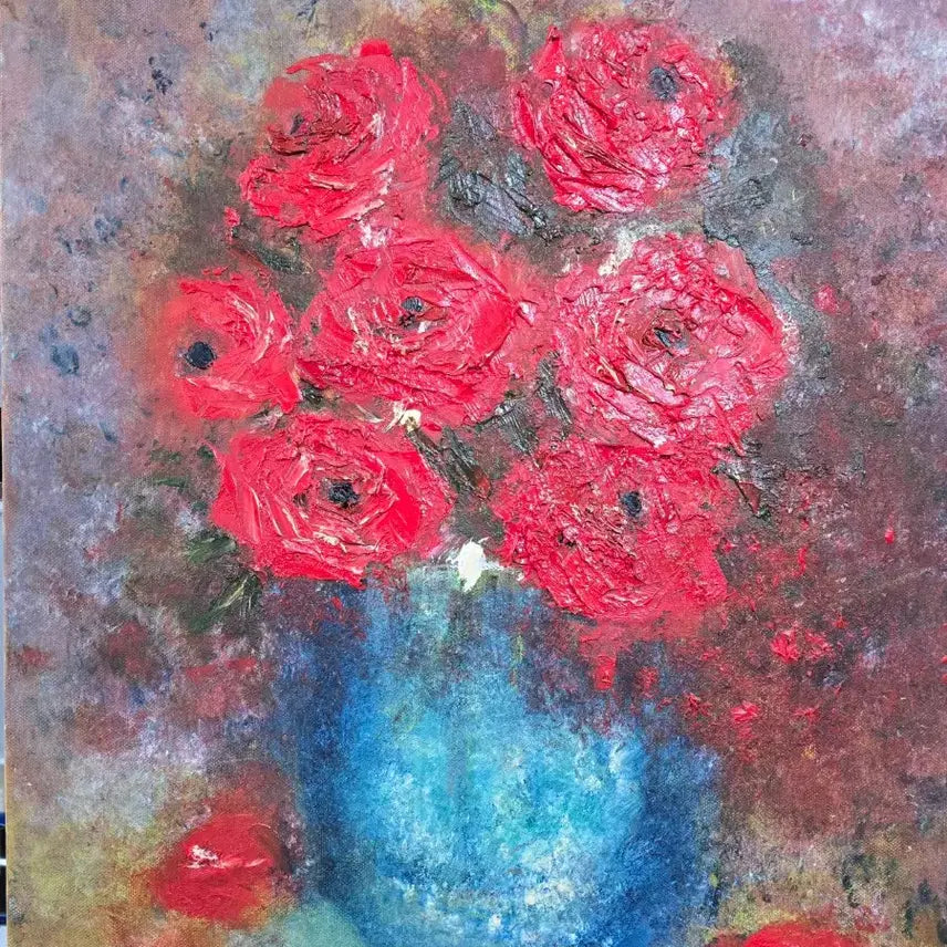 [BUNJANG] Still Life Oil Painting - Red Flowers in Blue Vase (10-go Size) / 정물추상화.  Sook.   10호.