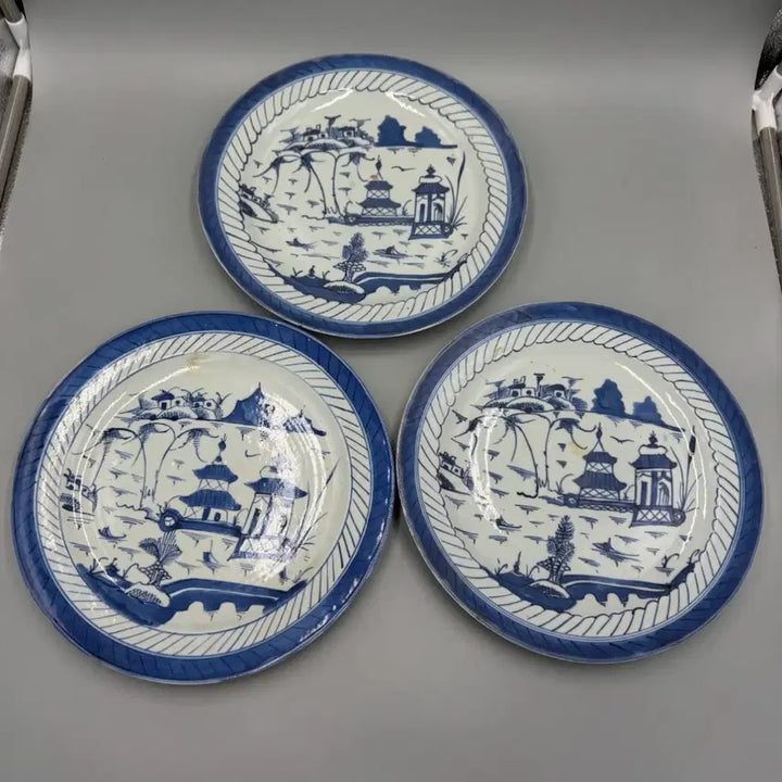 [BUNJANG] 19th Century Qing Dynasty Blue and White Landscape Export Porcelain Plates (Set of 3) / [진품] 청대 19세기 청화백자 산수문 수출자기 접시 3점 일괄 중국도자기 골동품