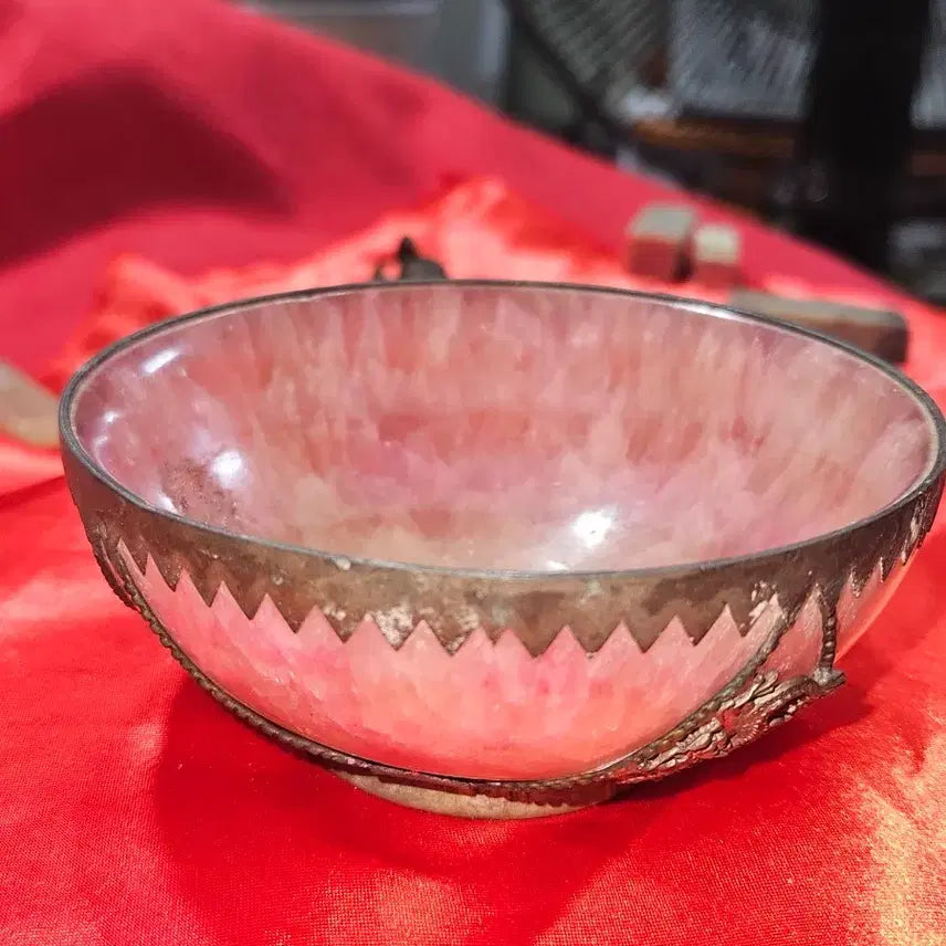 [BUNJANG] Antique Silver-Mounted Dragon &amp; Phoenix Pink Quartz Tea Bowl / 은장식 용봉문 홍수정(오교석) 다완 / 화발