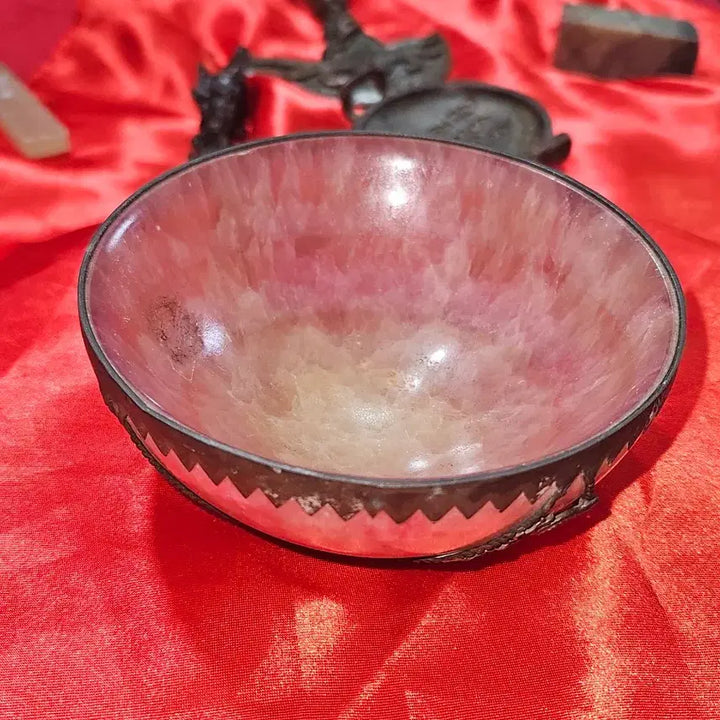 [BUNJANG] Antique Silver-Mounted Dragon &amp; Phoenix Pink Quartz Tea Bowl / 은장식 용봉문 홍수정(오교석) 다완 / 화발
