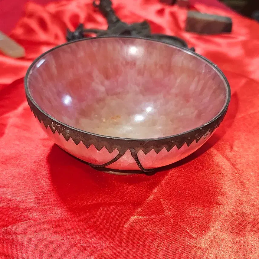 [BUNJANG] Antique Silver-Mounted Dragon &amp; Phoenix Pink Quartz Tea Bowl / 은장식 용봉문 홍수정(오교석) 다완 / 화발