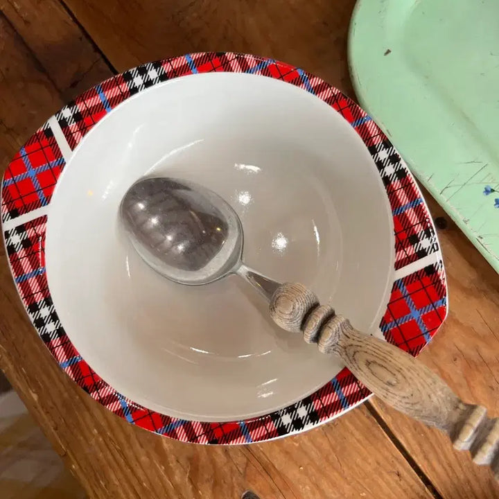 [BUNJANG] Japanese Vintage Red Check Cereal Bowl with Handles (Ice Crack Visible) / 일본 빈티지 레드체크 시리얼볼(빙열있음)