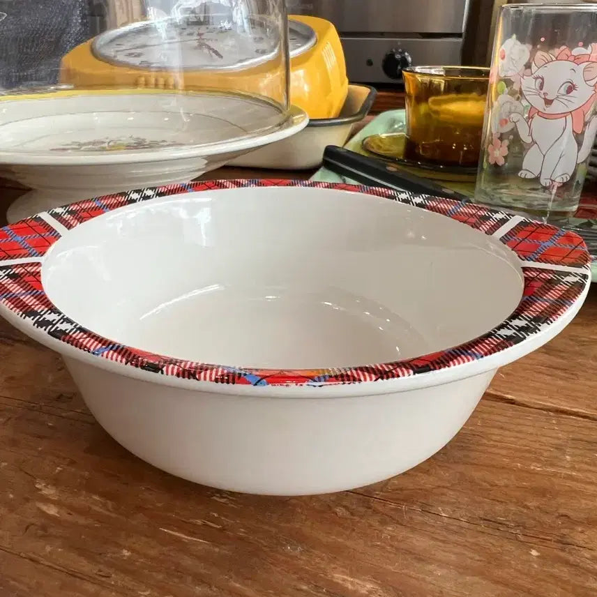 [BUNJANG] Japanese Vintage Red Check Cereal Bowl with Handles (Ice Crack Visible) / 일본 빈티지 레드체크 시리얼볼(빙열있음)