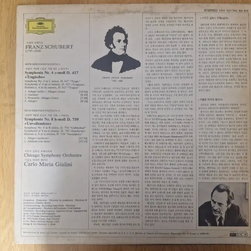[BUNJANG] Carlo Maria Giulini Schubert Symphonies No.8 &amp; No.4 LP / [C] Carlo Maria - Schubert: Symphonies No.8 &amp; No.4 LP (속지X)