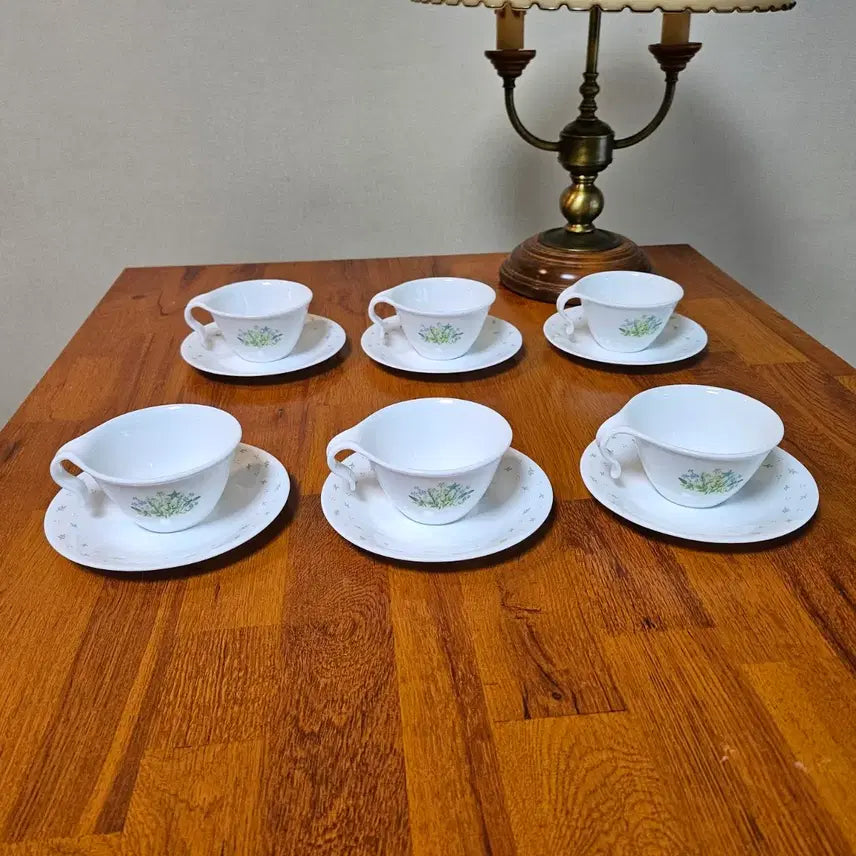 [BUNJANG] Corning Corelle Herb Coffee Cup &amp; Saucer Set (6-Person, 12-Piece, Vintage, Unused) / 올드 단종품 오리지널 일체형 코렐 허브 커피잔 6인조 미사용품.