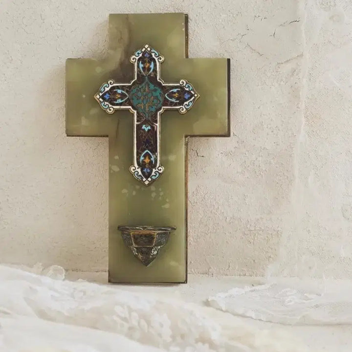 [BUNJANG] 1898 French Cloisonné Holy Water Font with Enamel Cross / 끌루아조네 성수대