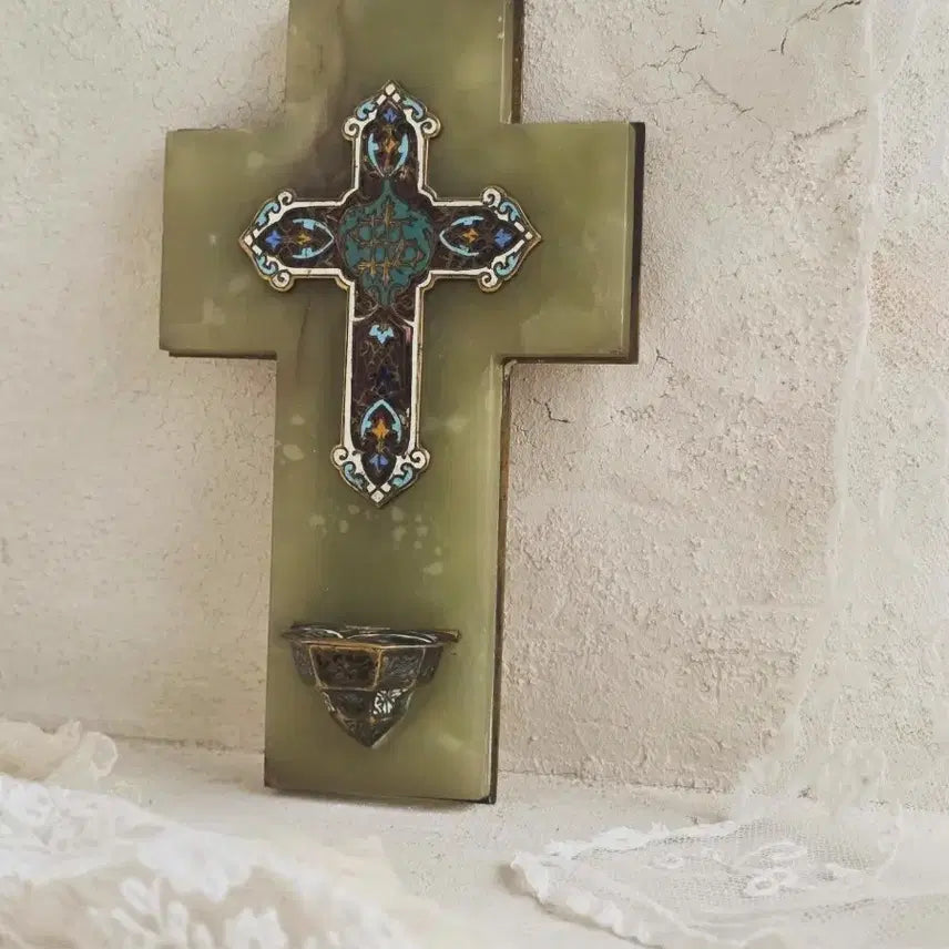 [BUNJANG] 1898 French Cloisonné Holy Water Font with Enamel Cross / 끌루아조네 성수대