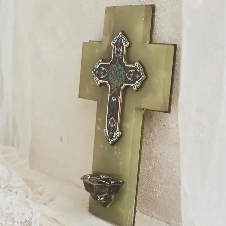 [BUNJANG] 1898 French Cloisonné Holy Water Font with Enamel Cross / 끌루아조네 성수대