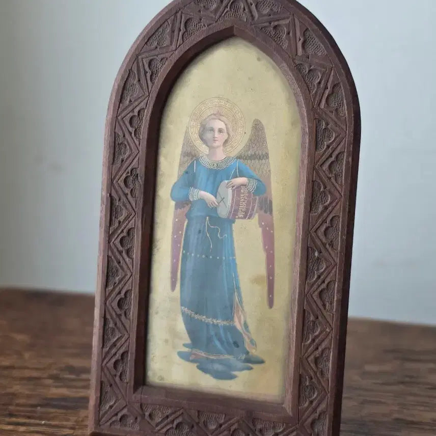 [BUNJANG] French Antique Religious Painting with Angels and Drum / 프랑스 앤틱 성화 액자 (천사 드럼) / 원목 프레임