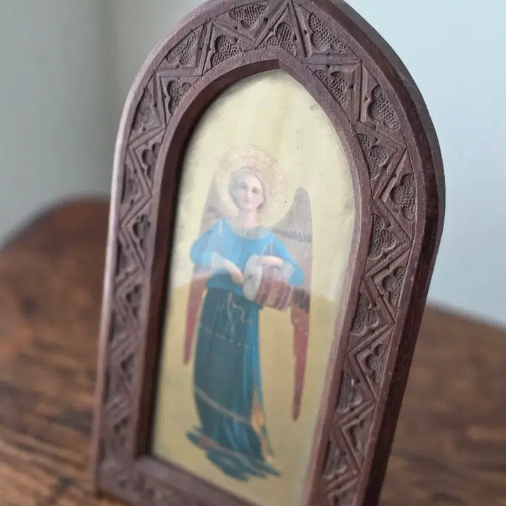 [BUNJANG] French Antique Religious Painting with Angels and Drum / 프랑스 앤틱 성화 액자 (천사 드럼) / 원목 프레임