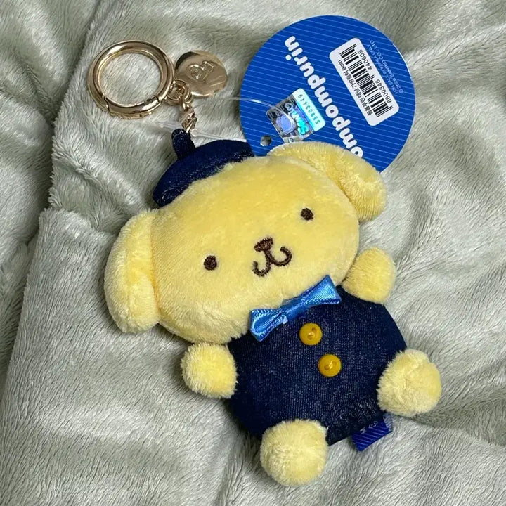 [BUNJANG] Sanrio Pompompurin Denim Costume Keychain with Initial Charm / 택0,산리오 폼폼푸린 키링 데님 코스튬 이니셜 참 인형 키링