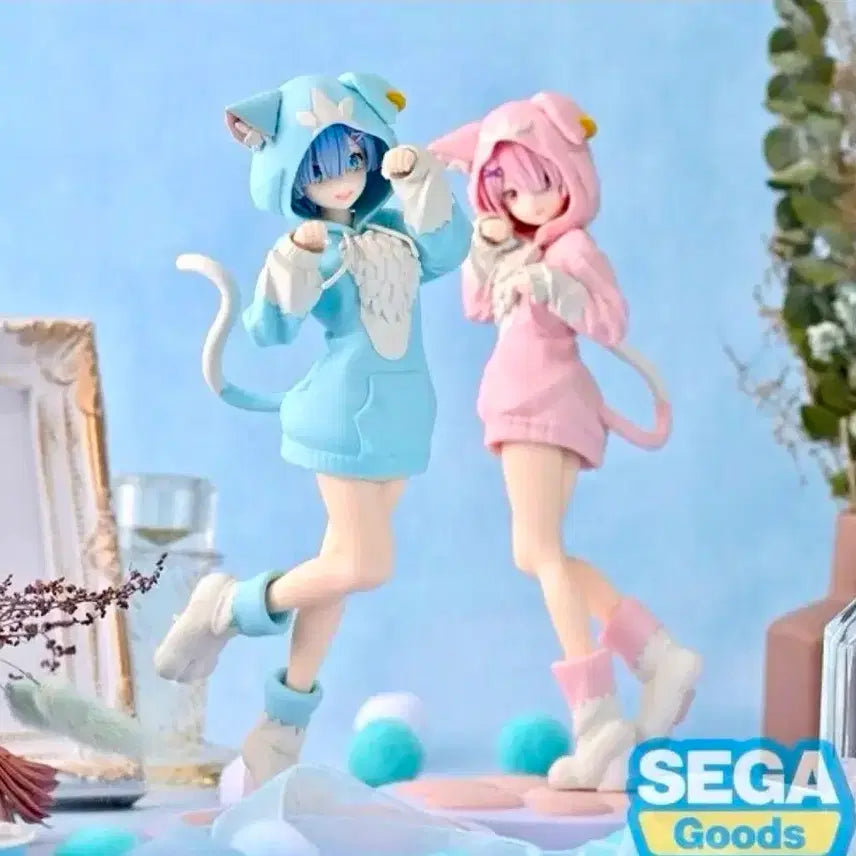 [BUNJANG] Sega Re:Zero Ram &amp; Rem Cat Ear Hoodie Figure (Set of 2) / 최저가) 세가 렘 람 고양이 귀 후드 정품 피규어