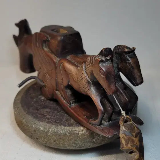 [BUNJANG] Antique Korean Double Horse Chariot Wood Chalk Line Tool / 쌍마조각괴목먹줄통(민속품)