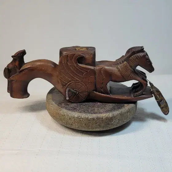 [BUNJANG] Antique Korean Double Horse Chariot Wood Chalk Line Tool / 쌍마조각괴목먹줄통(민속품)