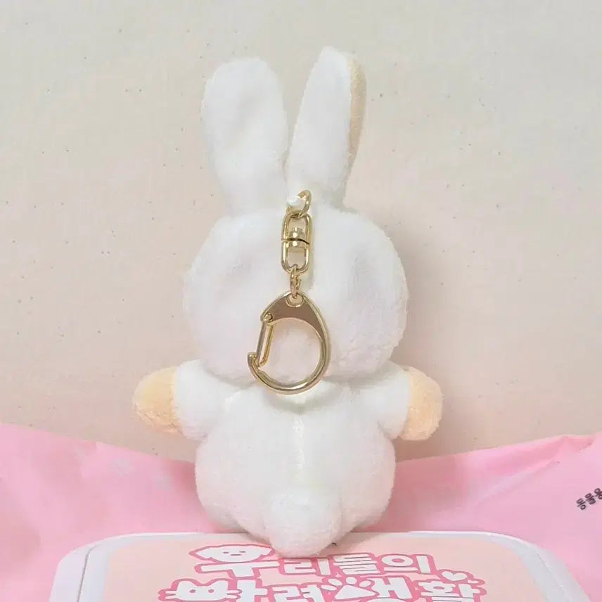 [BUNJANG] Sunlemon White Rabbit Hat Pink Bear Plush Keychain / 고전 빈티지 썬레몬 선레몬 화이트 토끼 모자 핑크 곰 인형 키링