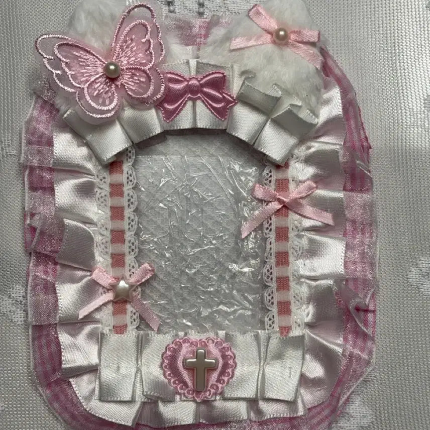 [BUNJANG] Ribbon Lace Photocard Holder Toploader / 리본 레이스 탑꾸 포카홀더 탑로더 나비 고양이 (핑크)