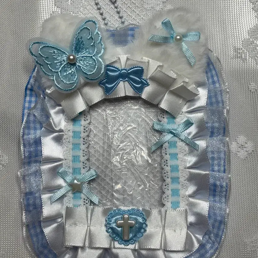 [BUNJANG] Ribbon Lace Photocard Holder Toploader Butterfly Cat (Sky) / 리본 레이스 탑꾸 포카홀더 탑로더 나비 고양이 (하늘)
