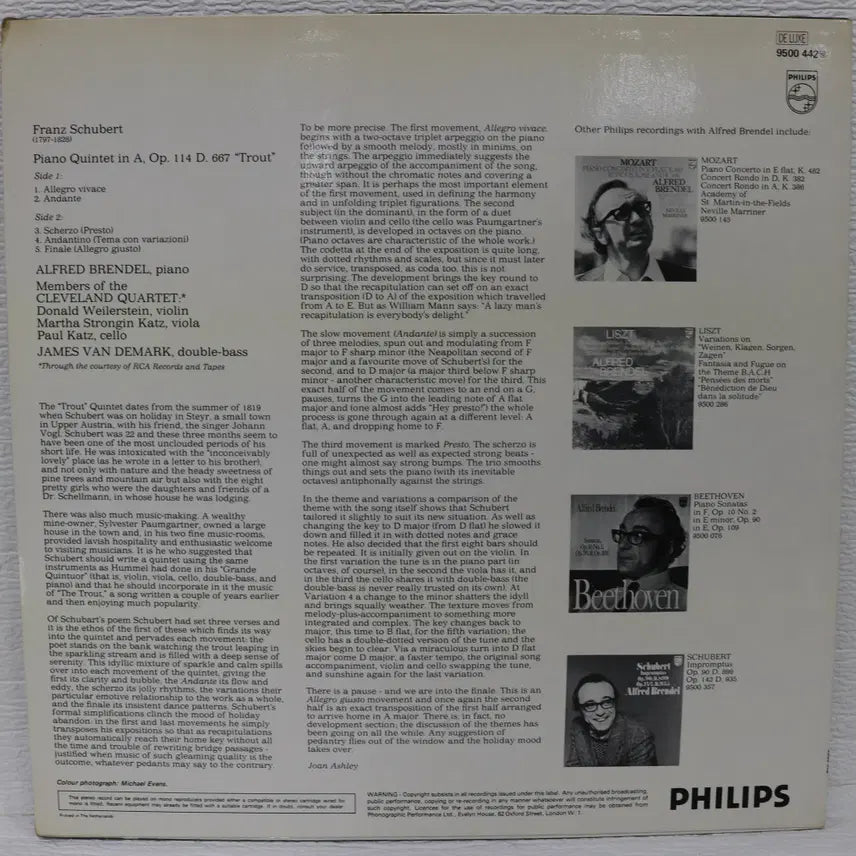 [BUNJANG] Alfred Brendel, Cleveland Quartet - Schubert: Trout Quintet LP (1978) / [NO.6251] (수입) Alfred Brendel, Cleveland Quartet - Schubert : Trout Quintet LP음반