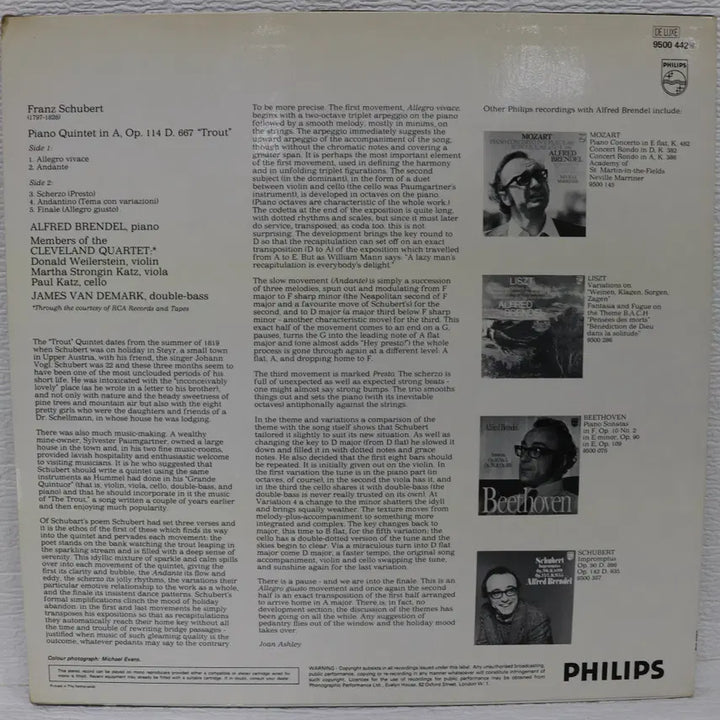 [BUNJANG] Alfred Brendel, Cleveland Quartet - Schubert: Trout Quintet LP (1978) / [NO.6251] (수입) Alfred Brendel, Cleveland Quartet - Schubert : Trout Quintet LP음반