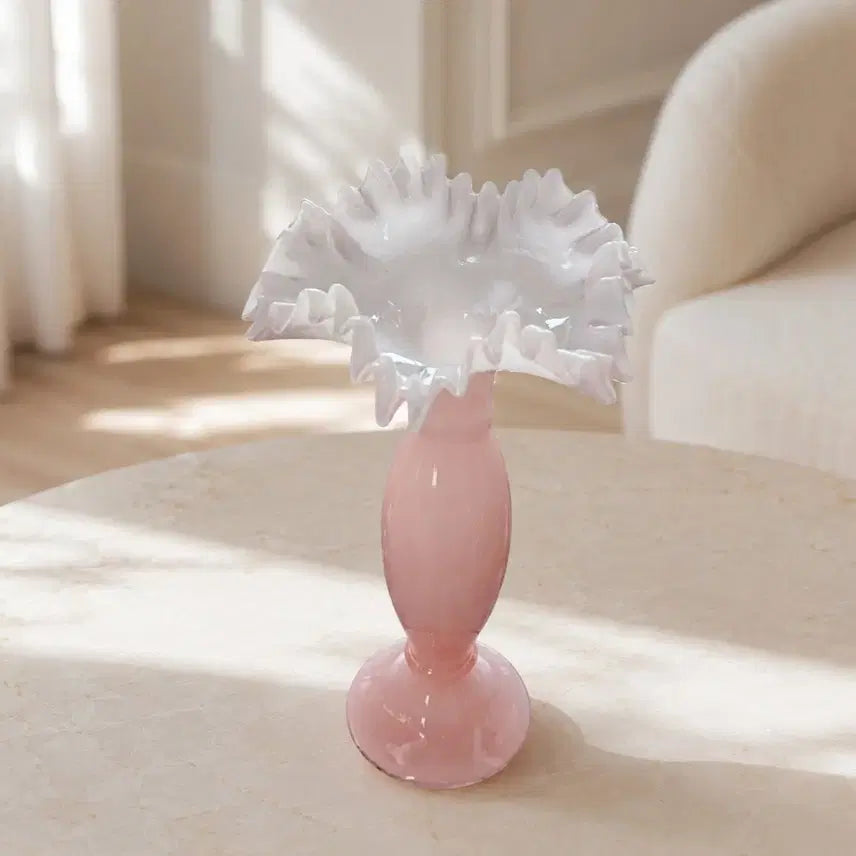 [BUNJANG] Antique Opaline Ruffled Flower Vase Pink / 앤틱 오팔린 러플 꽃병 핑크