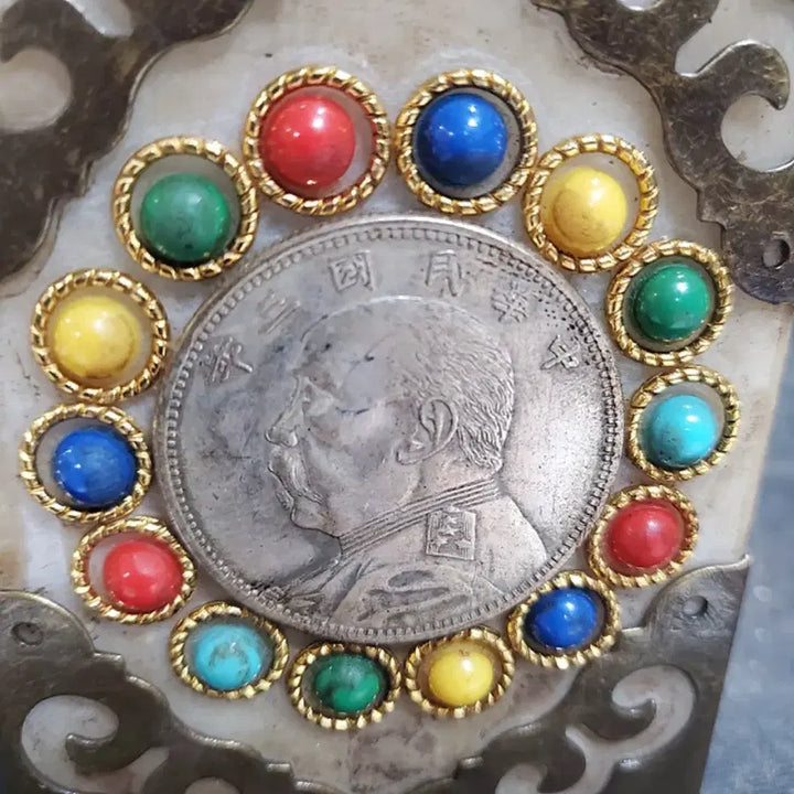 [BUNJANG] Republic of China Era Sun Yat-sen Commemorative Ornament, White Bronze and White Jade Inlay / 민국 백동 백옥 상감 손문(쑨원) 기념장식품 중국골동품 고미술품 수집품