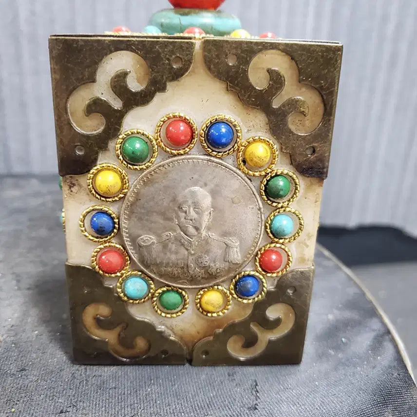 [BUNJANG] Republic of China Era Sun Yat-sen Commemorative Ornament, White Bronze and White Jade Inlay / 민국 백동 백옥 상감 손문(쑨원) 기념장식품 중국골동품 고미술품 수집품