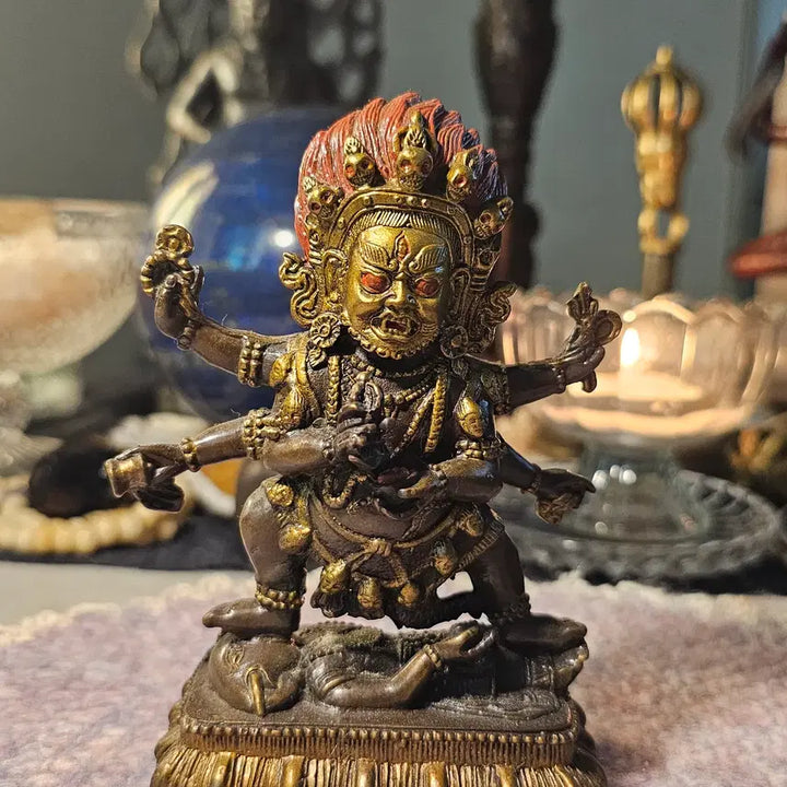 [BUNJANG] Tibetan Buddhist Six-Armed Mahakala Bronze Statue (13cm) - Handmade Protector Deity / 티베트 밀교 육비 마하칼라 불상 13cm 브론즈 수공예 호법존상