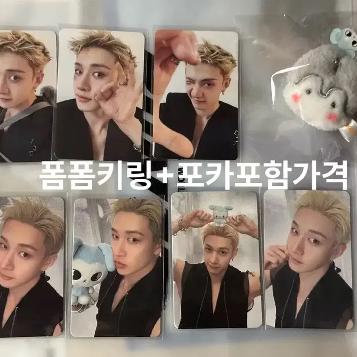 [BUNJANG] Stray Kids Bang Chan Wolfchan Pompom Keyring &amp; 7 Photocards Bundle Set / 방찬) 스키즈 런잇 입장 기프트 울프찬 폼폼키링 + 포카 7장 일괄 테이시