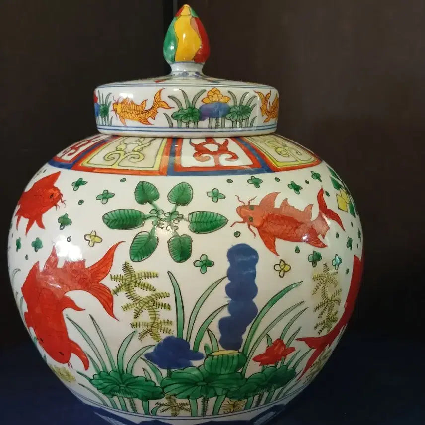 [BUNJANG] Three-Color Underwater Plant Fish Pattern Covered Jar / 삼채수초어문유개호