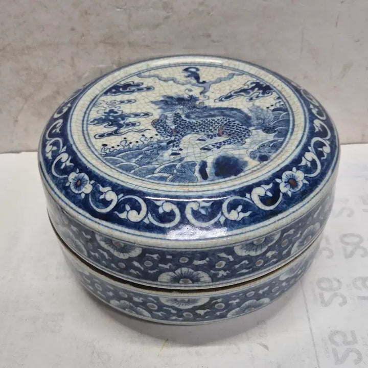 [BUNJANG] Chinese Celadon Porcelain Jar with Kylin Motif / [도자기공주골동품] 청화 기린문 유개 중국도자기 합(566번)+++ 네