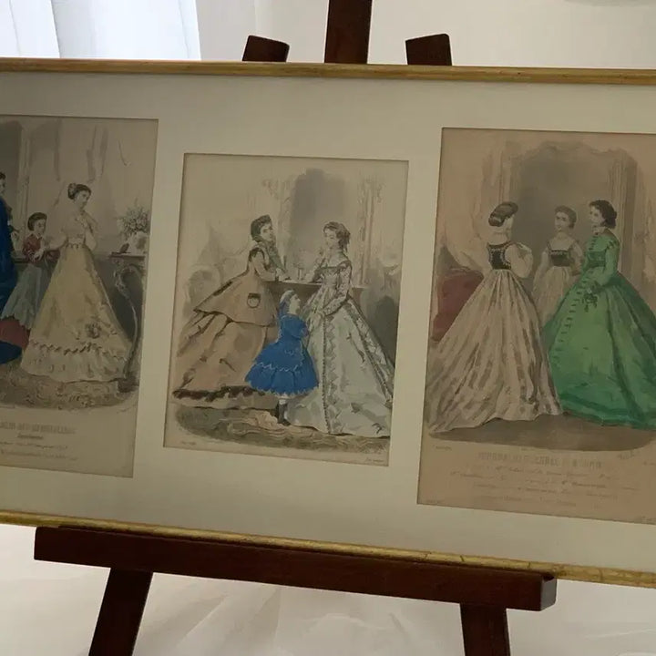 [BUNJANG] Vintage Fashion Illustration Triptych Wall Art with Gold Frame / 액자 세 폭 그림 빈티지 패션 일러스트